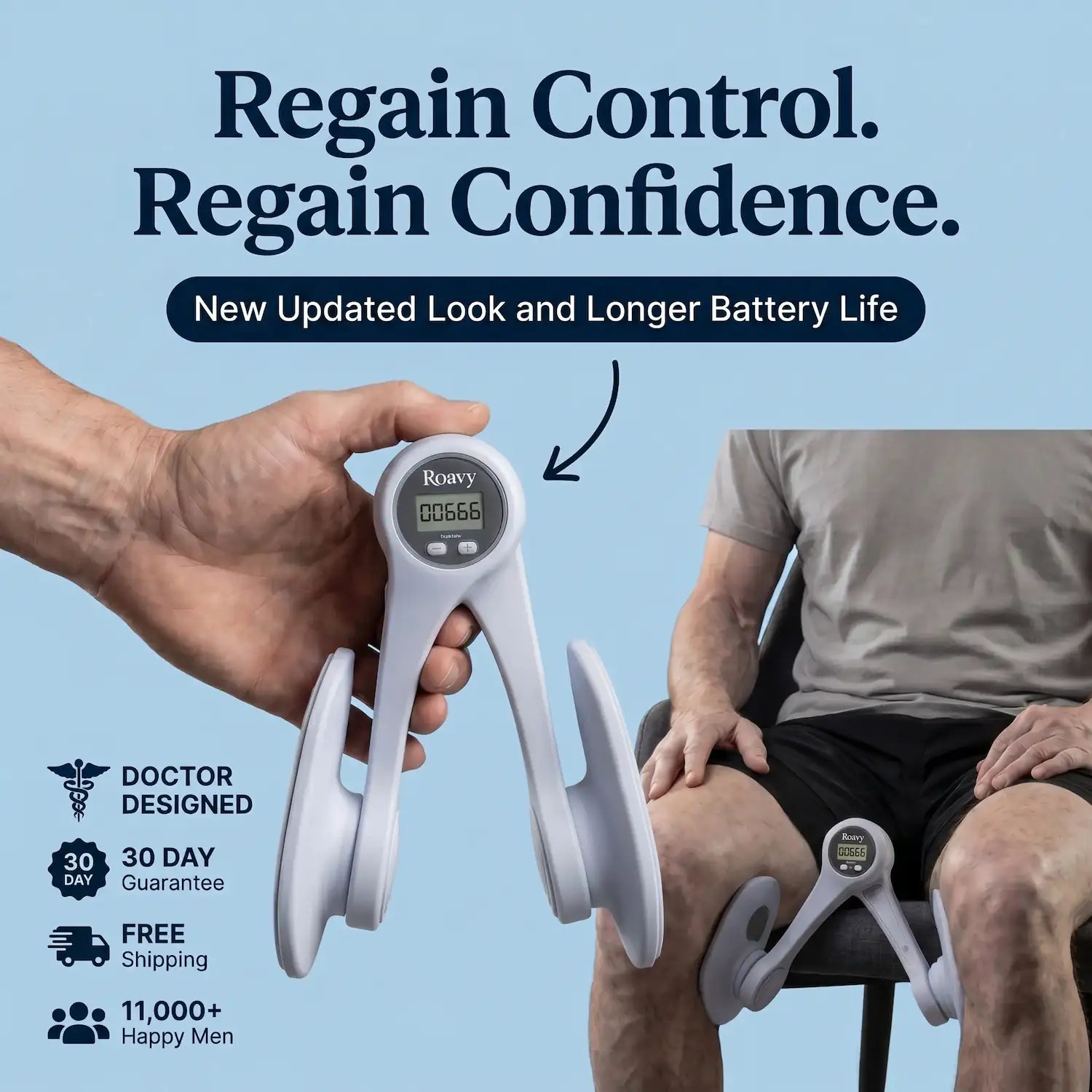 Roavy Control Trainer grey pelvic floor device for men, front view