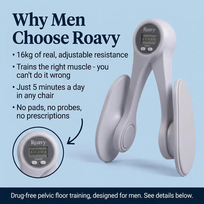 Roavy device for pelvic floor training with text on a blue background